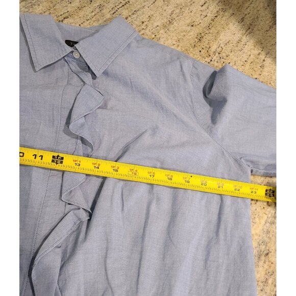 Talbots Top Women Sz 14 Blue Chambray Button Shirt Ruffle Front Roll Tab Sleeve - Picture 3 of 12